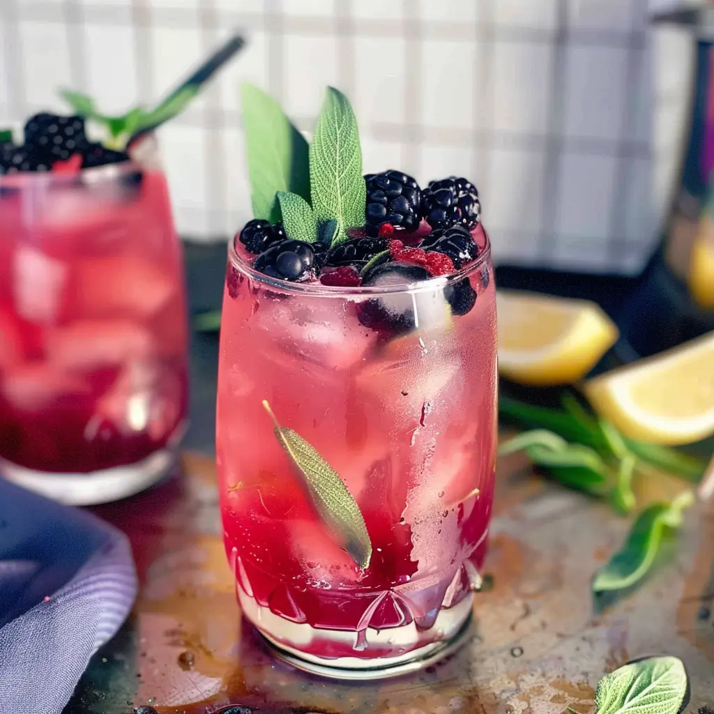Homemade blackberry sage lemonade refresher with fresh blackberries and sage