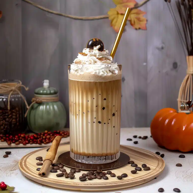 Hot Dunkalatte with caramel drizzle in a ceramic mug