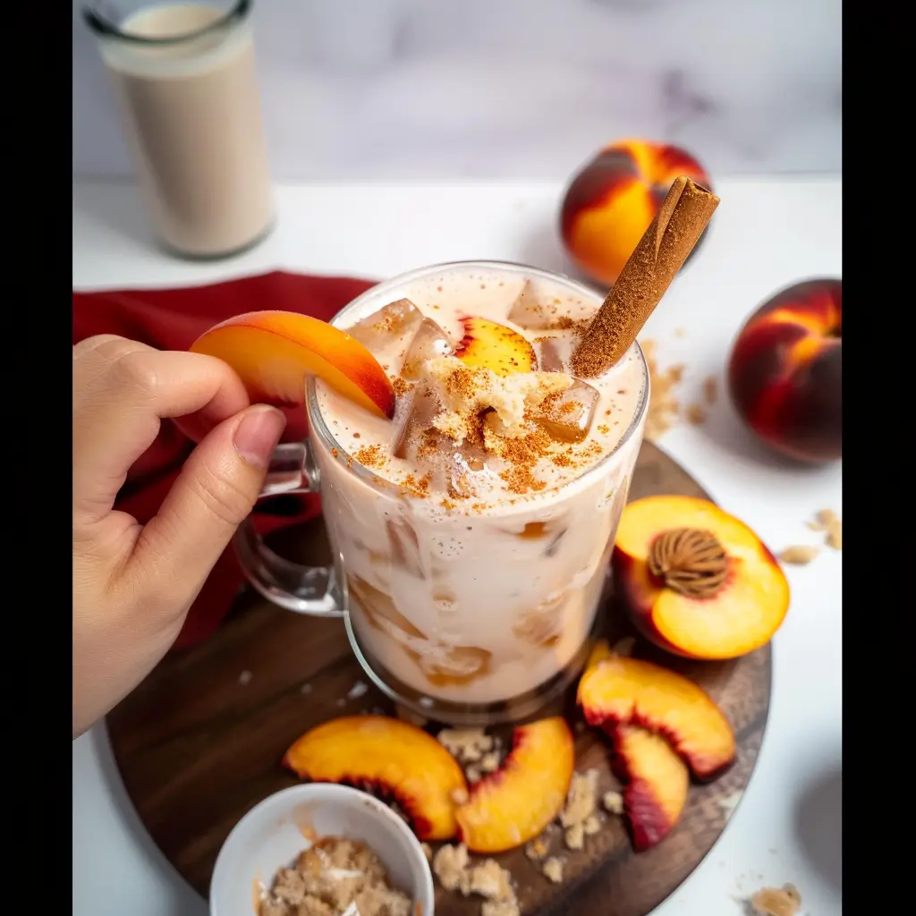 Peach Cobbler Chai Latte in a cozy mug